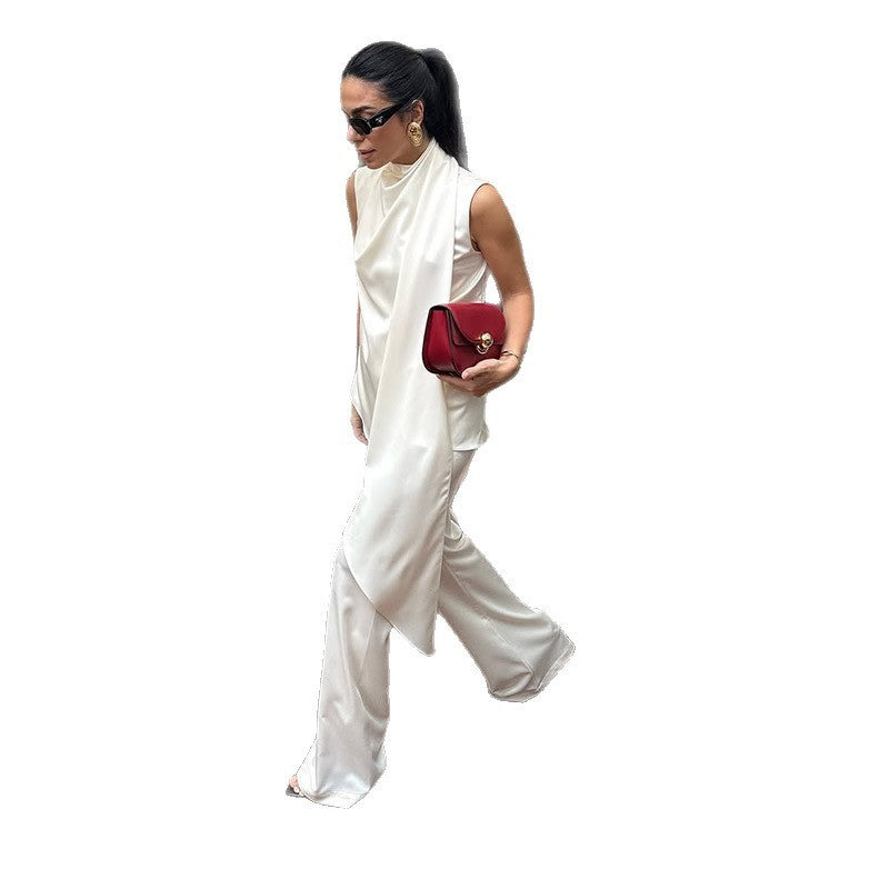 Damen elegante und fließende Chiffon-Hose mit asymmetrischem Schnitt EB