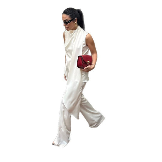 Damen elegante und fließende Chiffon-Hose mit asymmetrischem Schnitt EB