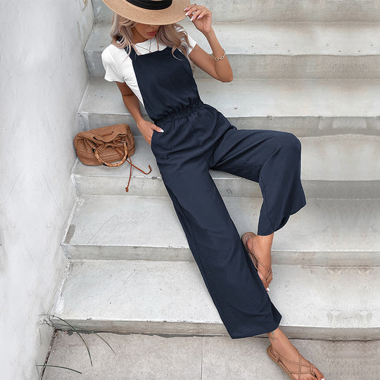 Damen lässiger Jumpsuit mit weitem Bein und elastischem Bund EB