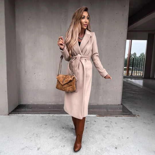 Damen eleganter langärmeliger Wollmantel mit Taillengürtel EB