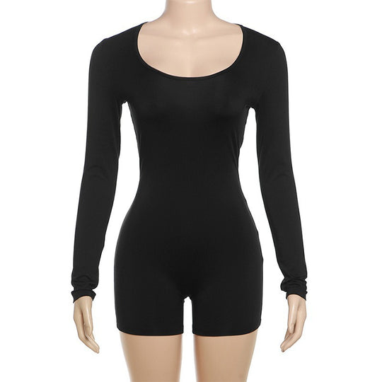 Damen Figurbetontes Kurzarm-Jumpsuit mit langem Arm EB