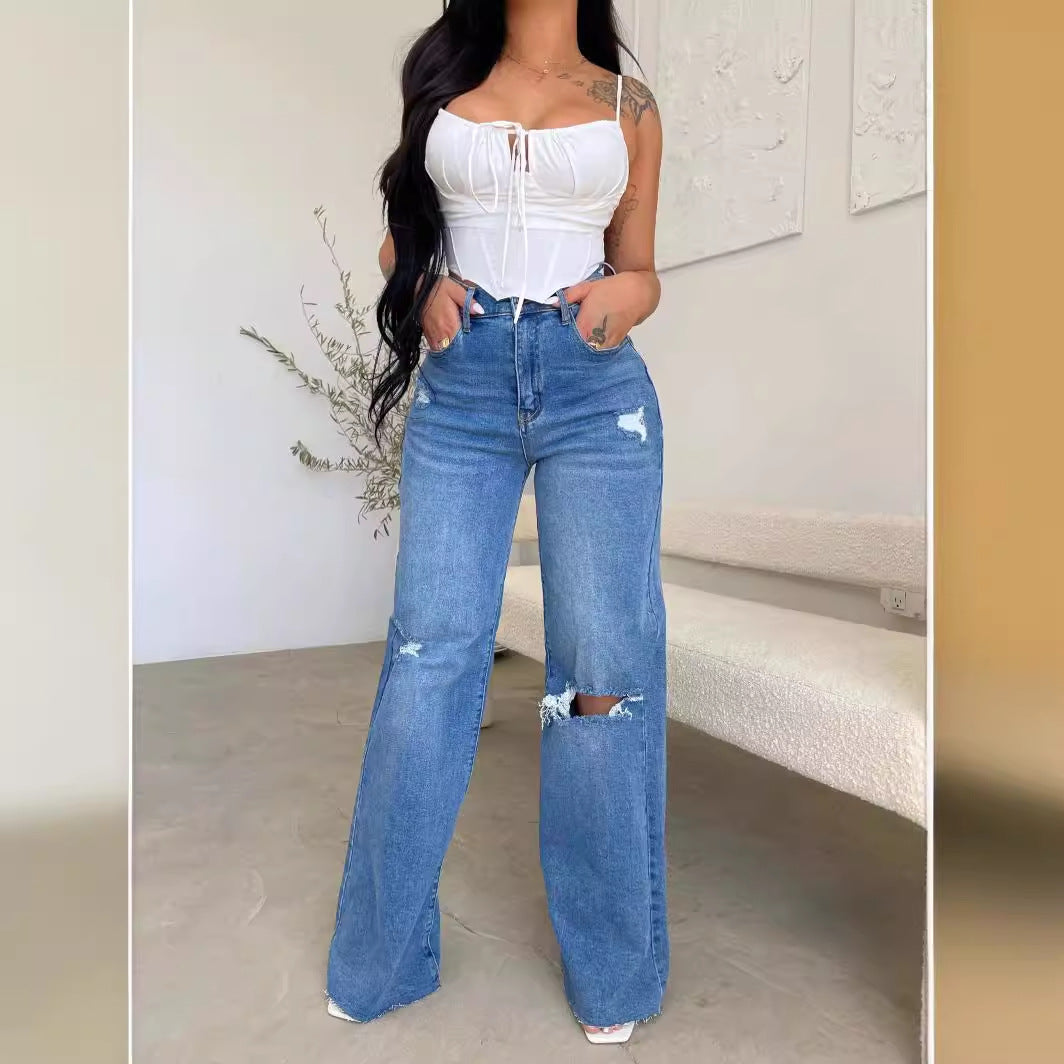 Damen Weit geschnittene Jeans mit distressed Details und hohem Bund EB