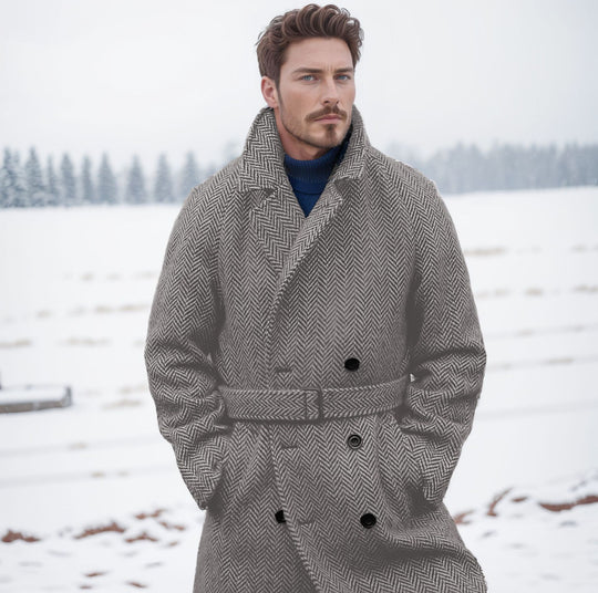 Herren Eleganter Wollmantel im klassischen Hahnentrittmuster mit Gürtel EB