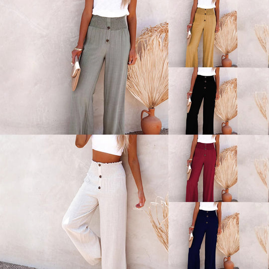 Damen Weitgeschnittene High-Waist Hose mit dekorativem Knopfdetail und elastischem Bund EB