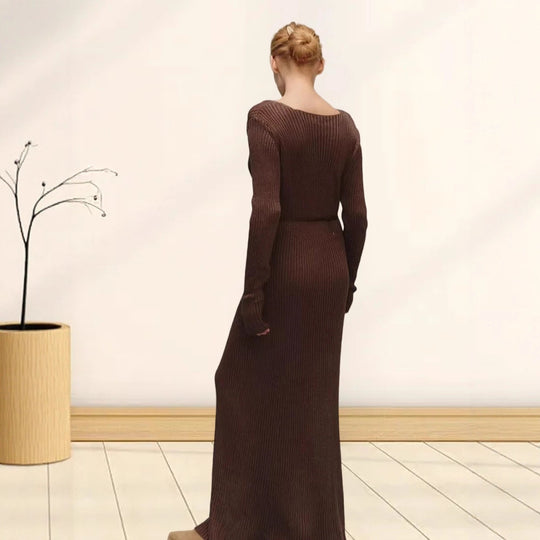 Damen Langarm-Strickkleid mit tiefem V-Ausschnitt und figurbetonter Silhouette EB