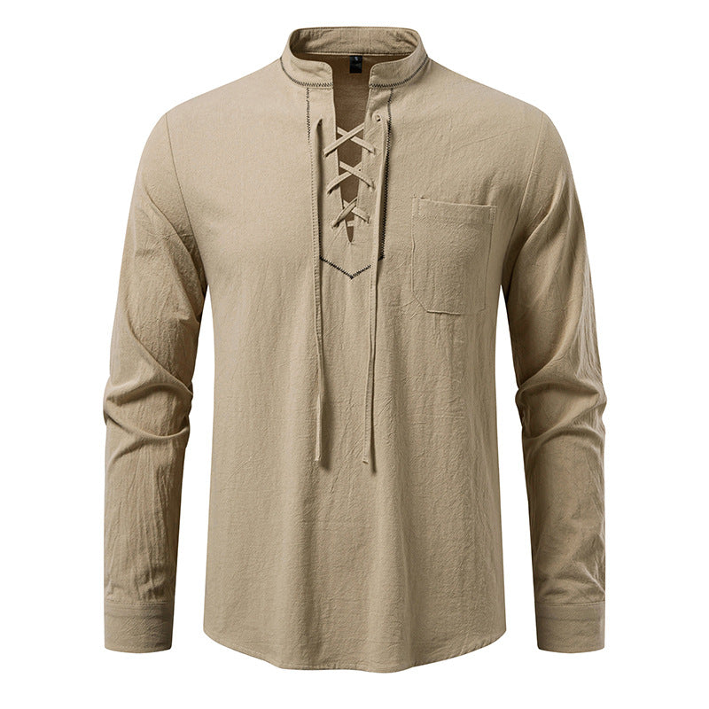 Herren Langarmshirt mit hochwertigem Stehkragen und dekorativer Schnürung EB