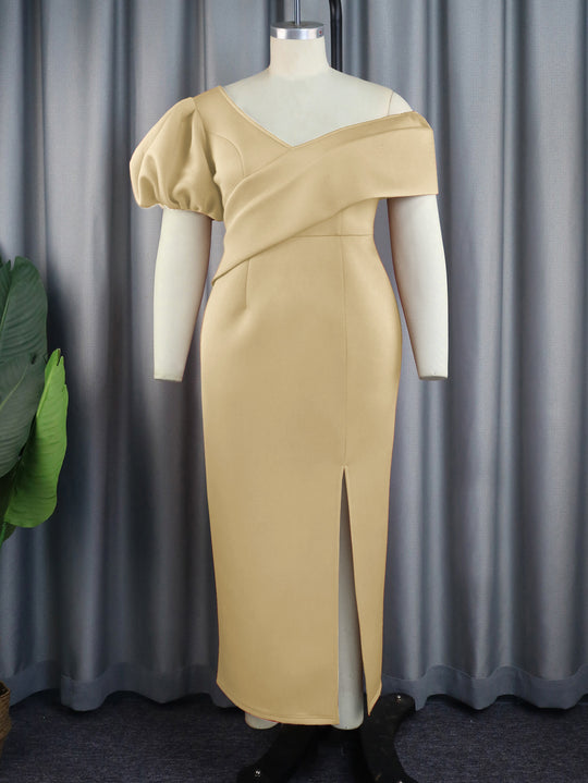 Damen Elegantes Maxikleid mit asymmetrischem Ausschnitt und voluminösen Puffärmeln EB