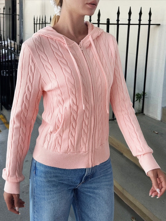 Damen nan Kapuzen-Strickjacke mit Reißverschluss, Zopfstrickstruktur und Kängurutasche EB