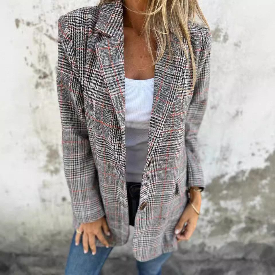 Damen nan oversized Karoblazer mit Reverskragen und aufgesetzten Taschen EB