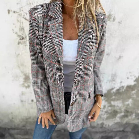 Damen nan oversized Karoblazer mit Reverskragen und aufgesetzten Taschen EB