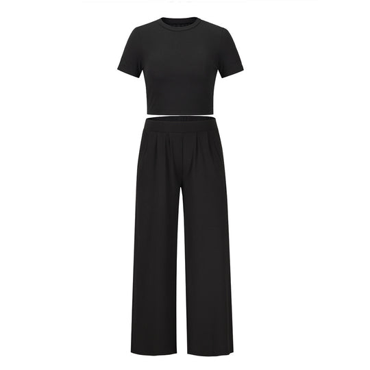 Damen Komfortables Baumwoll-Crop-Top mit weiter Hose EB