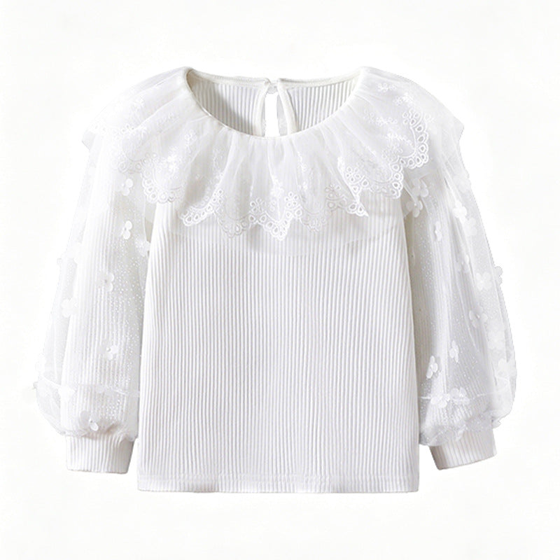 Mädchen Bluse mit floralen Spitzenärmeln und Rüschenbesatz EB