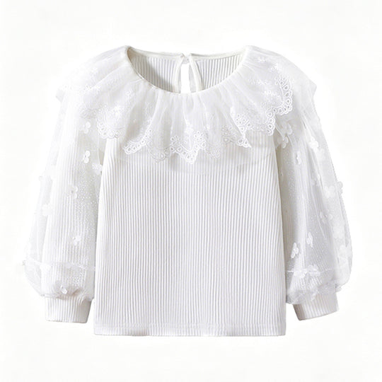 Mädchen Bluse mit floralen Spitzenärmeln und Rüschenbesatz EB
