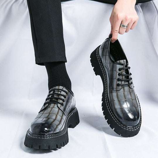 Damen Chunky Derby‑Schnürschuh mit Krokoprägung, lackiertem Kunstleder und profilierter Plateau‑Sohle EB