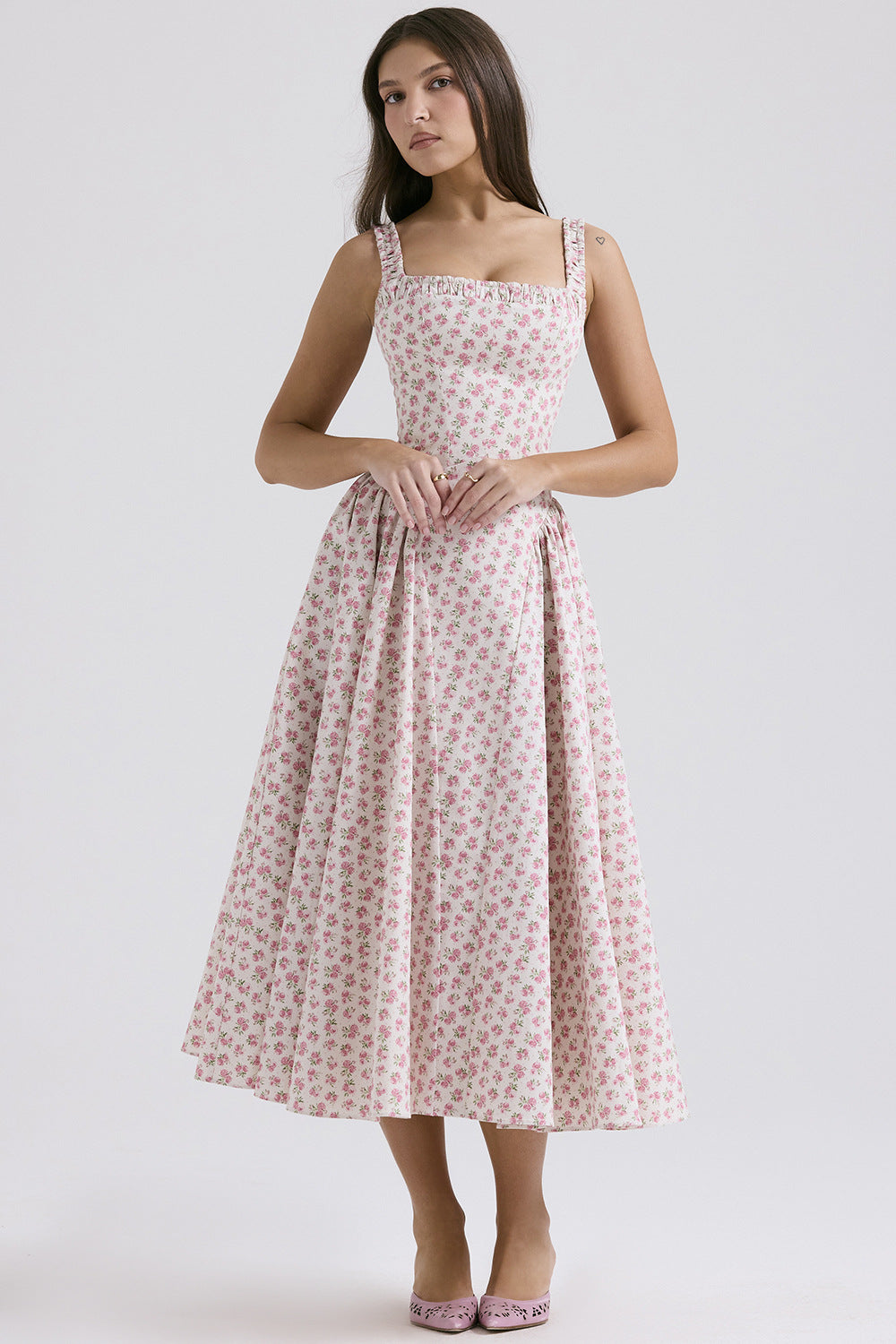 Damen Midi-Kleid mit floralem Muster und angeschnittenem Rock EB