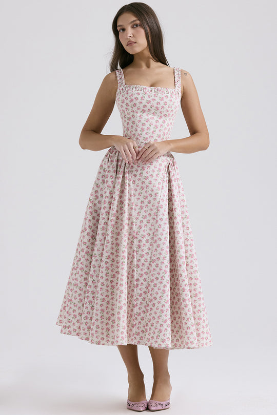 Damen Midi-Kleid mit floralem Muster und angeschnittenem Rock EB