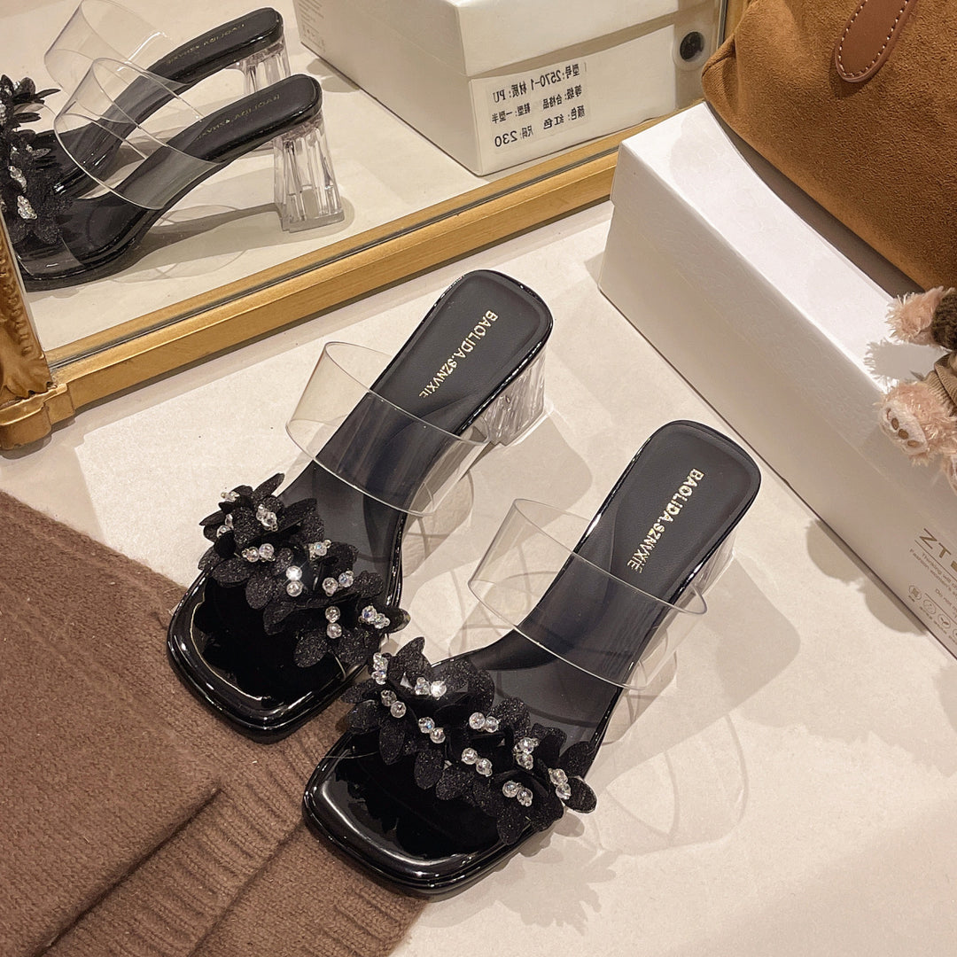 Damen elegante Blockabsatzschuhe mit transparenten Riemen und funkelnden Applikationen EB