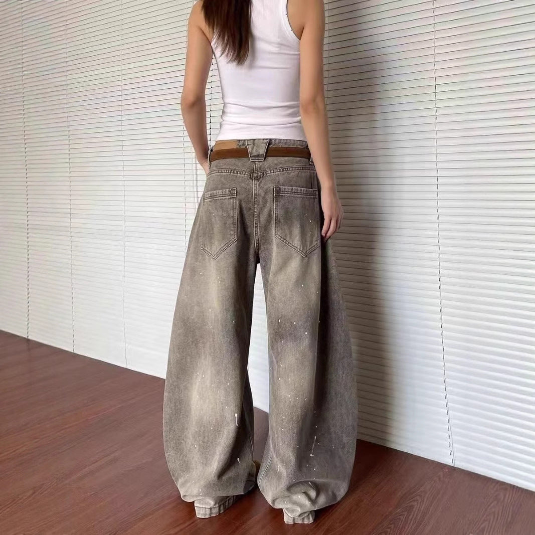 Damen weite Jeanshose im Vintage-Stil mit lässigem Schnitt und kreativen Farbdetails EB