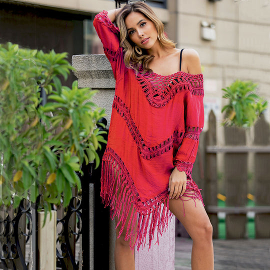 Damen gehäkeltes Strandkleid mit fransigen Details und tiefem V-Ausschnitt EB