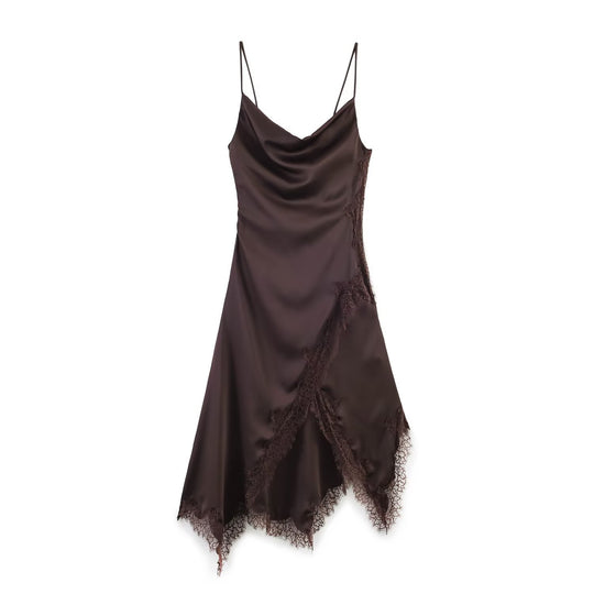 Damen edles Spaghetti-Trägerkleid mit zarter Spitze und fließendem Satin EB