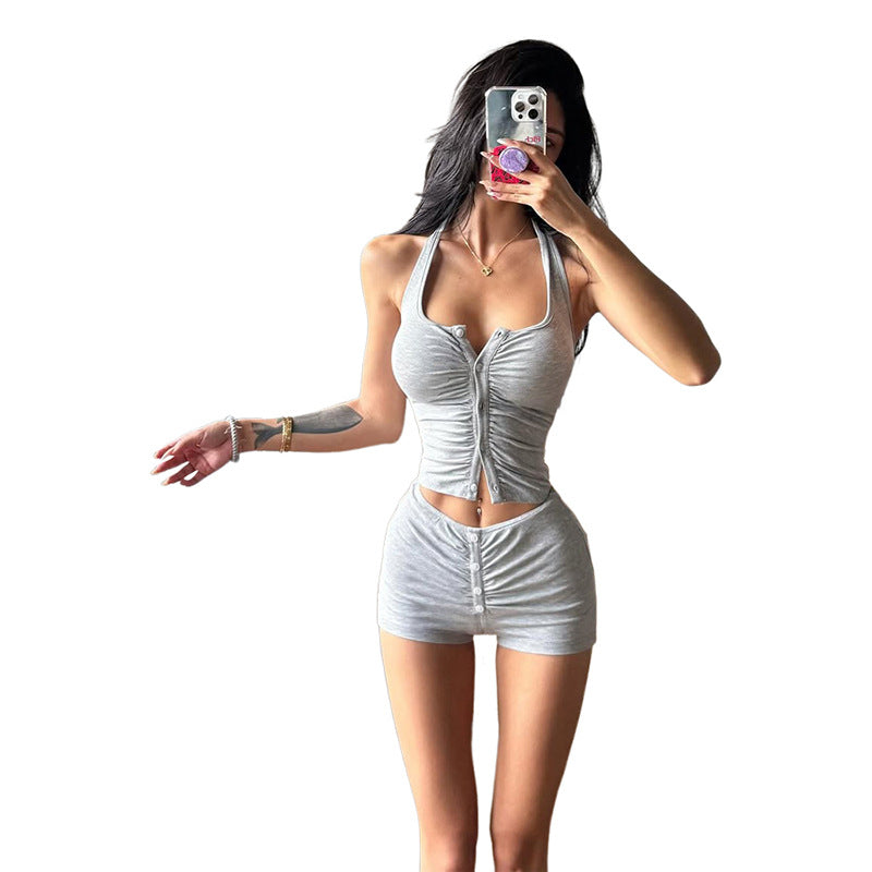 Damen Raffiniertes Jumpsuit-Set mit Knopf-Details und Spaghettiträgern EB