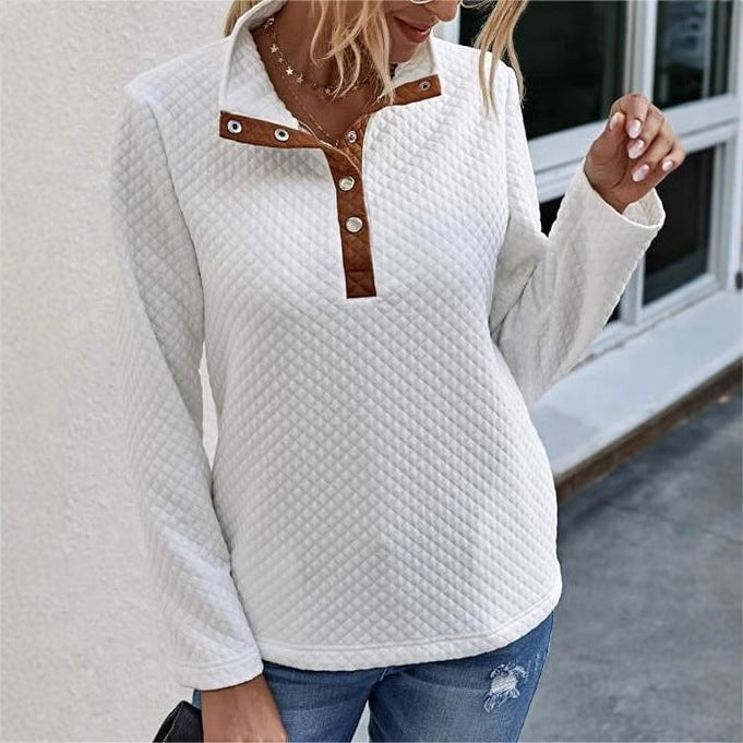 Damen Stepp-Pullover mit kontrastierendem Kragen und Knopfdetail EB