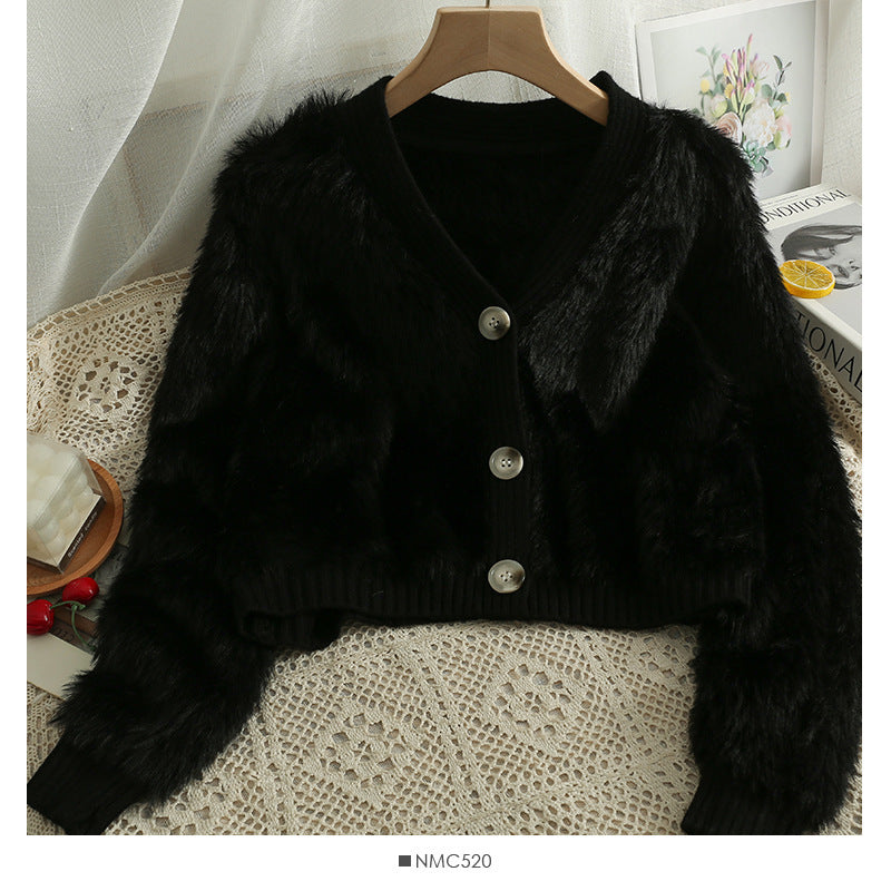 Damen Kuscheliger Cropped Cardigan mit Knopfleiste und weichem Teddy-Fell EB