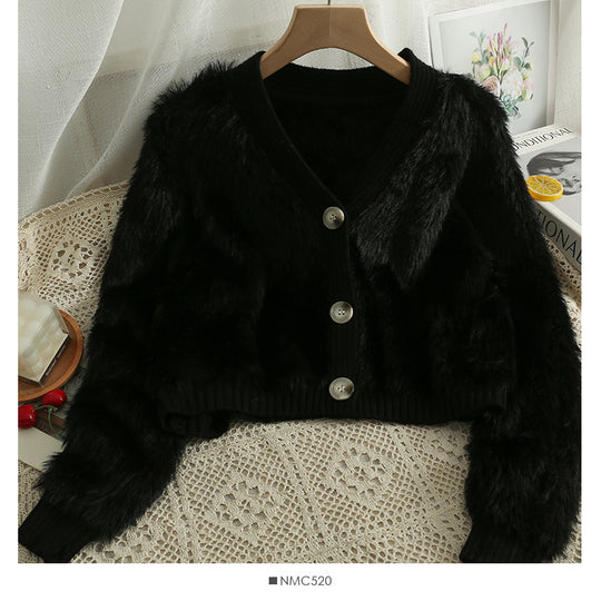 Damen Kuscheliger Cropped Cardigan mit Knopfleiste und weichem Teddy-Fell EB