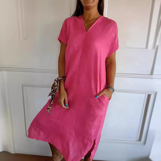 Damen luftiges Leinenkleid mit praktischen Seitentaschen EB
