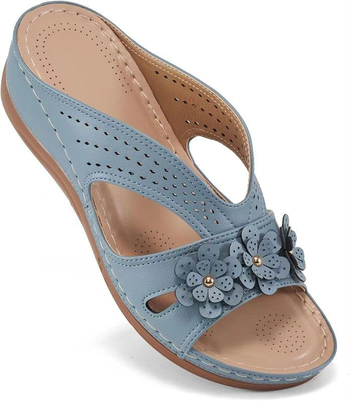 Damen Orthopädische Lederimitat-Pantolette mit Blumen‑Applikation und perforiertem Obermaterial EB