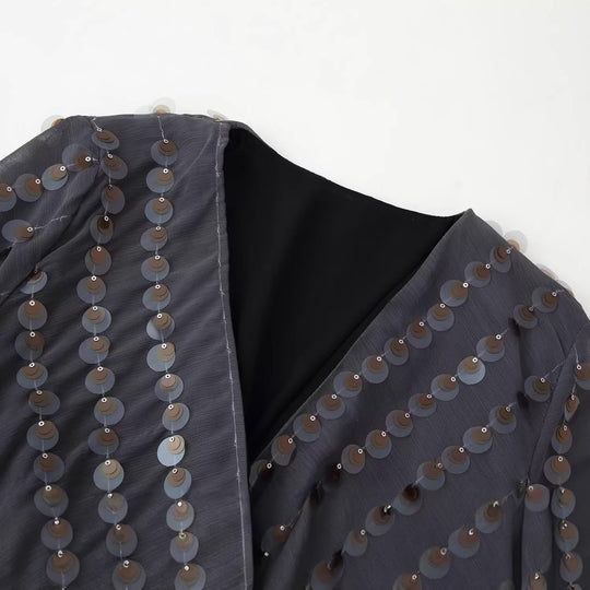 Damen Glamouröses Body mit glitzernden Pailletten und Wickeldesign EB