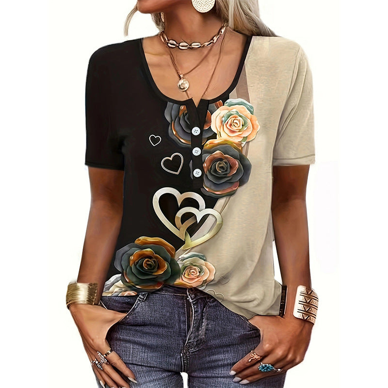 Damen Kurzarmshirt mit floralem Herzdesign und Knopfleiste EB