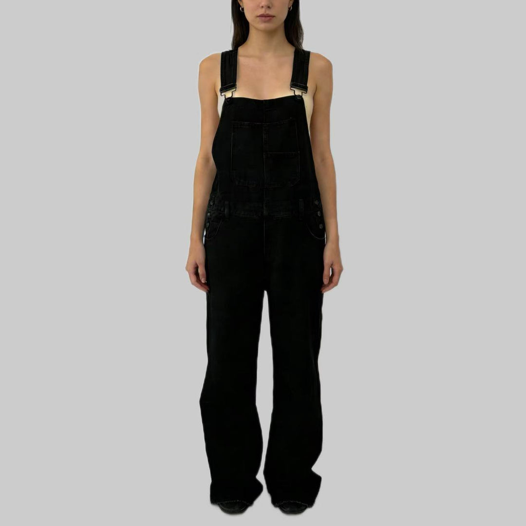 Damen nan weiche Denim-Latzhose mit weitem Bein, verstellbaren Trägern und Pattentasche EB
