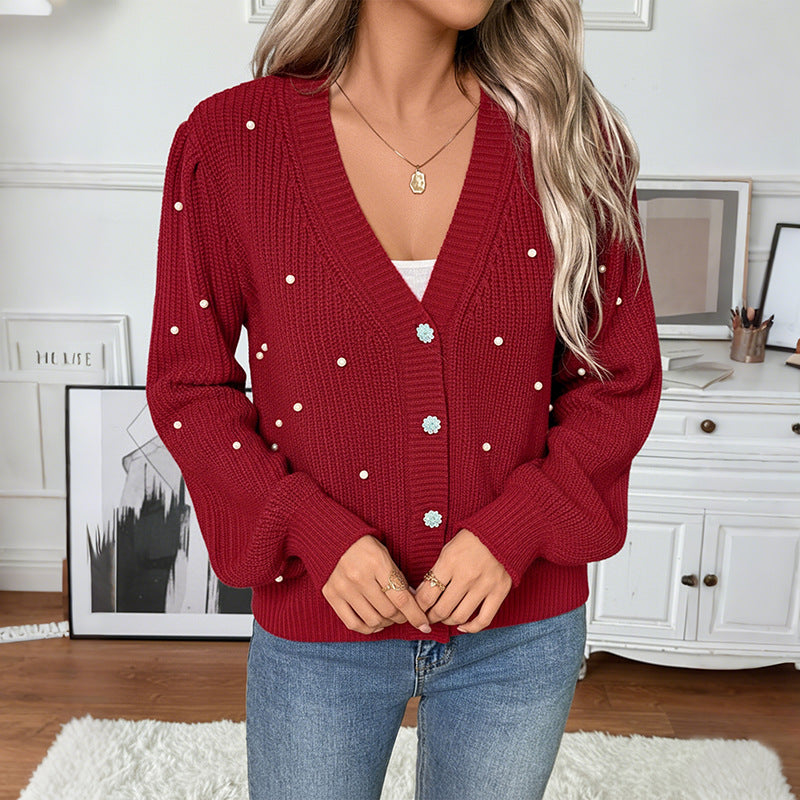 Damen Strickcardigan mit Perlenbesatz und überschnittenen Ärmeln EB
