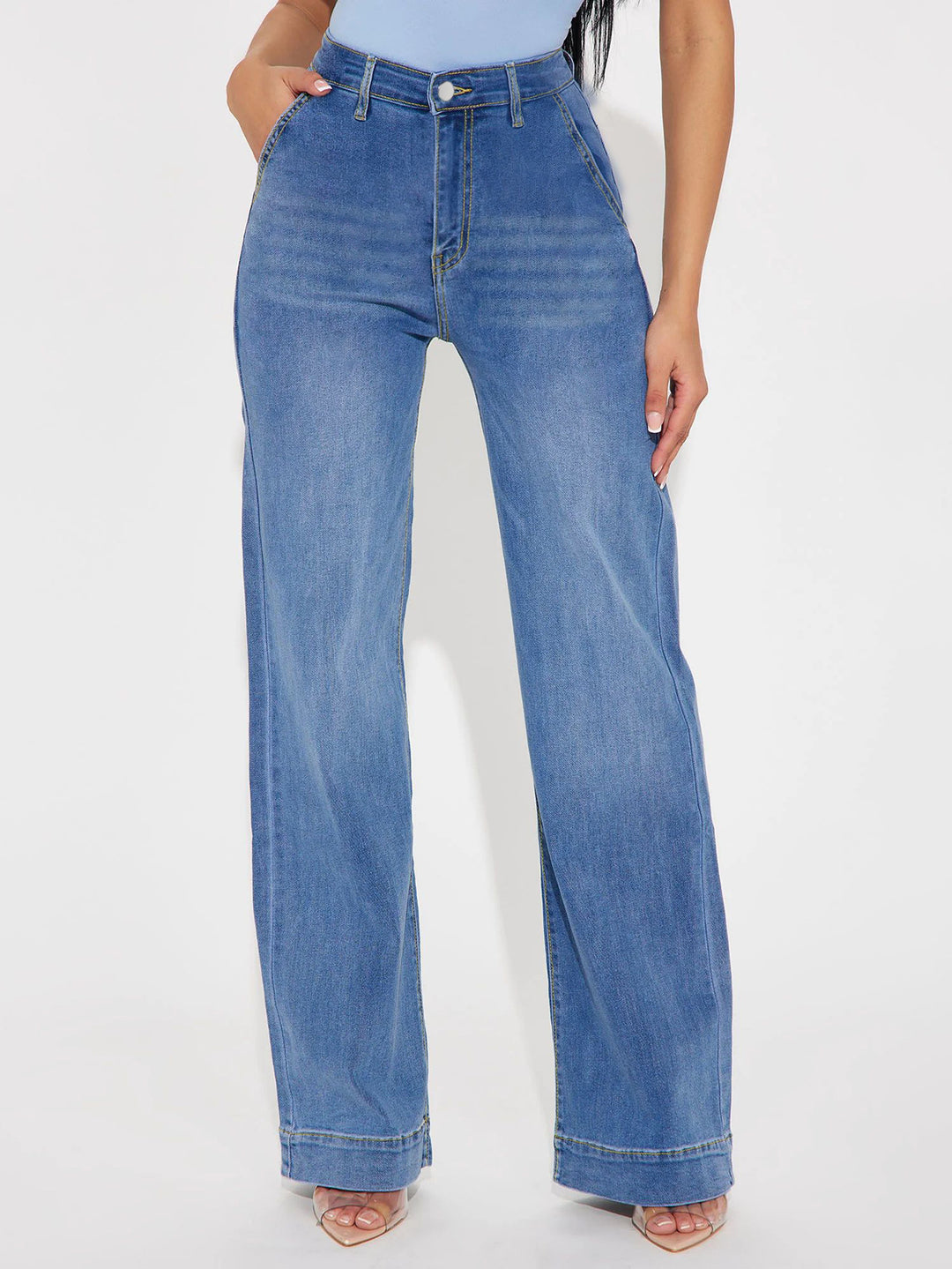 Damen Weite Denim-Hose mit hoch geschnittenem Bund und lässigem Schnitt EB