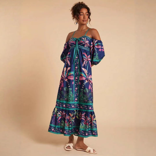Damen Maxikleid mit schulterfreiem Design und tropischem Druck EB