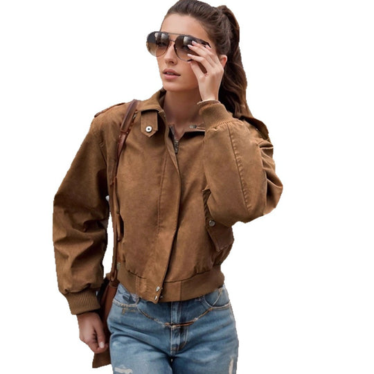 Damen lässige Kurzjacke mit voluminösen Ärmeln und Reißverschluss EB