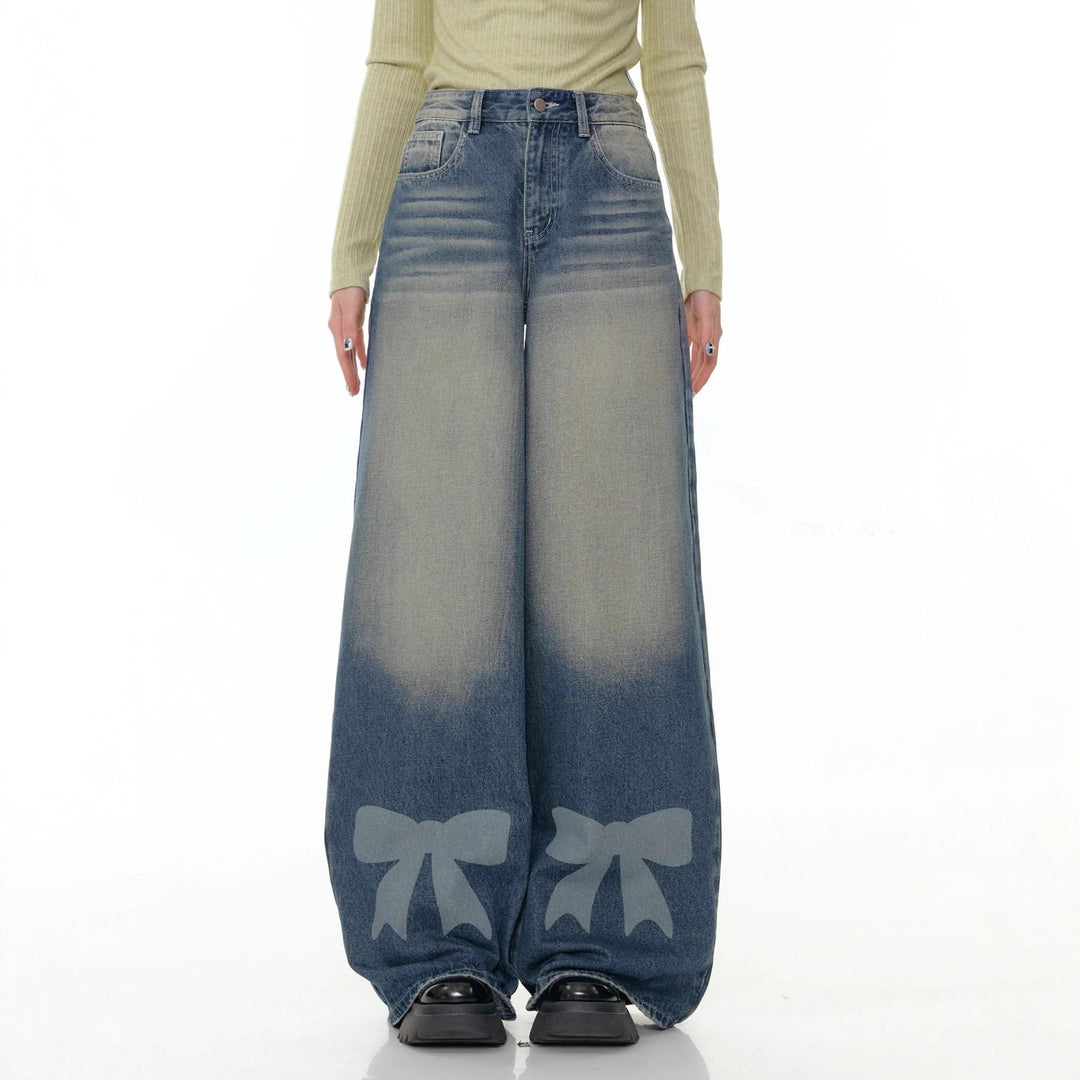Damen nan hochtaillierte Palazzohose aus Denim mit extra weitem Bein und Schleifenprint EB