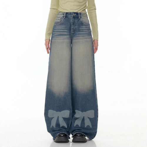 Damen nan hochtaillierte Palazzohose aus Denim mit extra weitem Bein und Schleifenprint EB