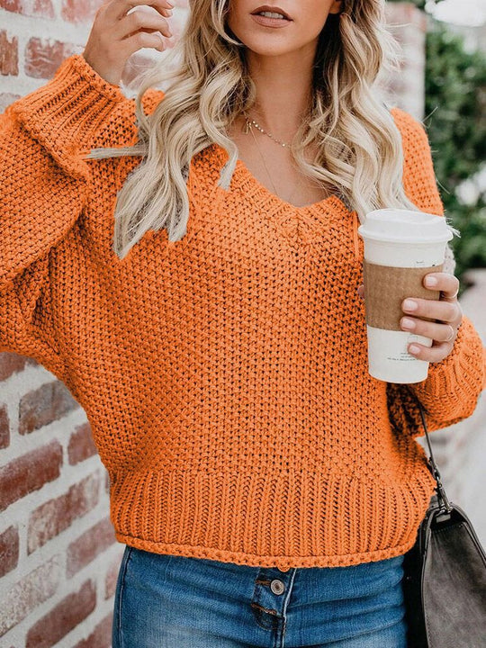Damen lässiger V-Ausschnitt Pullover mit lockerem Schnitt und strukturiertem Strick EB