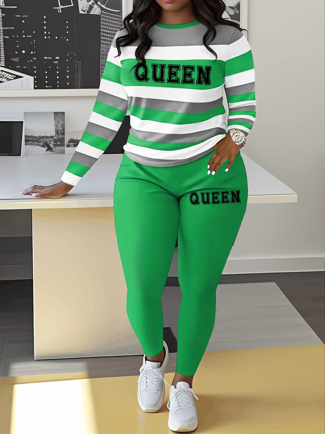 Damen Sportliches Zweiteiler-Set mit gestreiftem Oberteil und leggings EB
