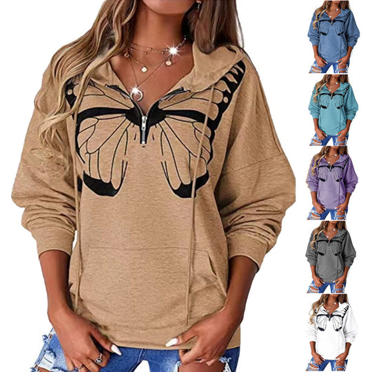 Damen lässiger Kapuzenpullover mit Schmetterlingsdruck und Halber Reißverschluss EB