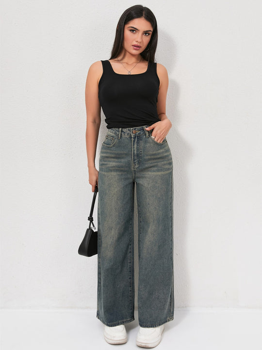 Damen Weite Jeans mit hohem Bund und eleganter Beinform EB