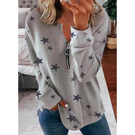 Damen Lässiger Sweatshirt mit Reißverschluss und Sternenmotiv EB