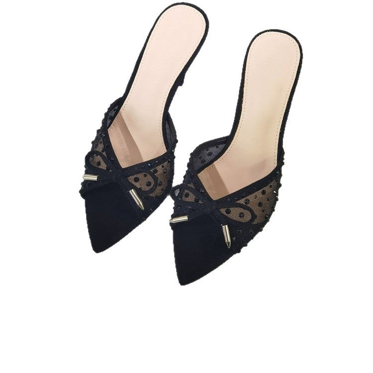 Damen elegante Mules mit zierlicher Schleifenverzierung und funkelnden Akzenten EB