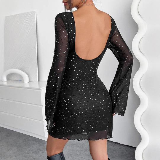Damen nan figurbetontes Chiffon-Minikleid mit tiefem Rückenausschnitt und transparenten Glockenärmeln EB