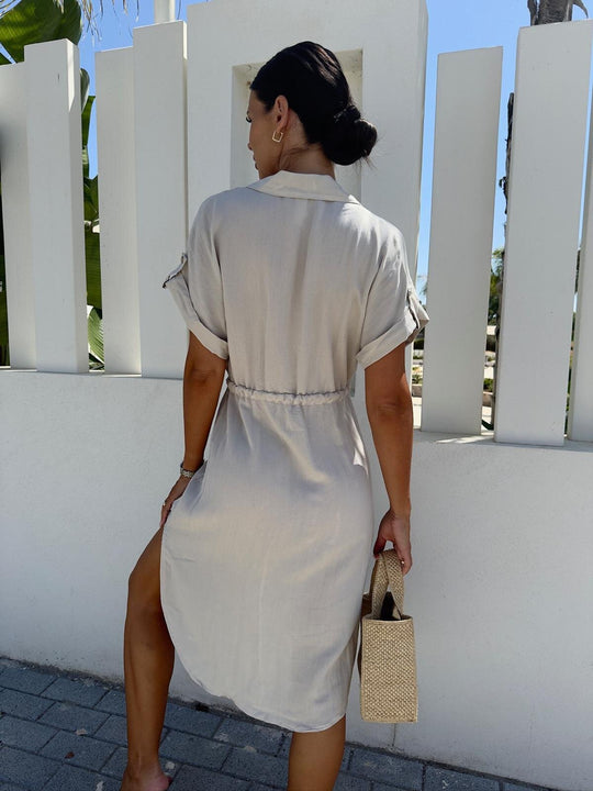 Damen Midikleid mit Taillenzug und Kurzarm EB