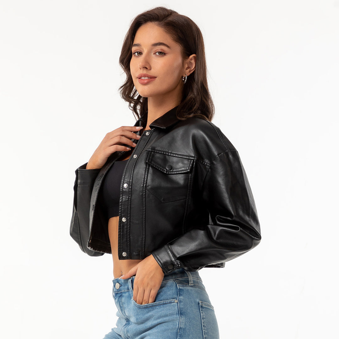 Damen nan kurze Lederjacke im Trucker-Stil mit kastiger Cropped-Passform EB