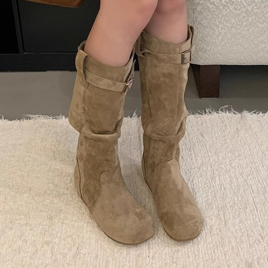 Damen Elegant gefaltete Langschaftstiefel mit modischen Schnallendetails EB