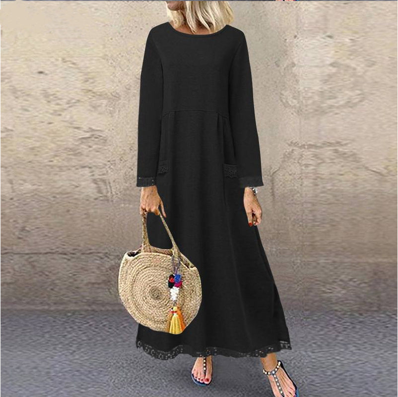 Damen nan Maxikleid mit lockerem A‑Linien Schnitt, Rundhalsausschnitt, aufgesetzten Eingrifftaschen und zierlichem Spitzenbesatz EB